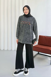 Bisiklet Yaka Önü Nakışlı Yıkamalı Tunik 8920 - Siyah